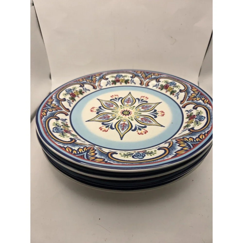 Set of 4 Euro Ceramica Zanzibar 11” Round Dinner Plates Floral Roses Ceramic
